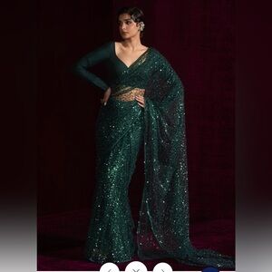 Dark Green Embroidered Net Saree